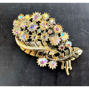 Vintage Coro Brooch Aurora Borealis Rhinestones Gold Tone Leaf and Floral Design